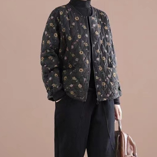 花柄ファッション 花刺繍キルティング中綿入り軽量ジャケット