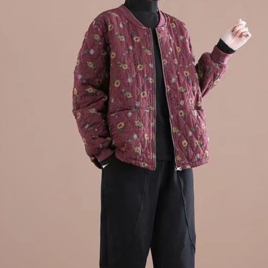 花柄ファッション 花刺繍キルティング中綿入り軽量ジャケット