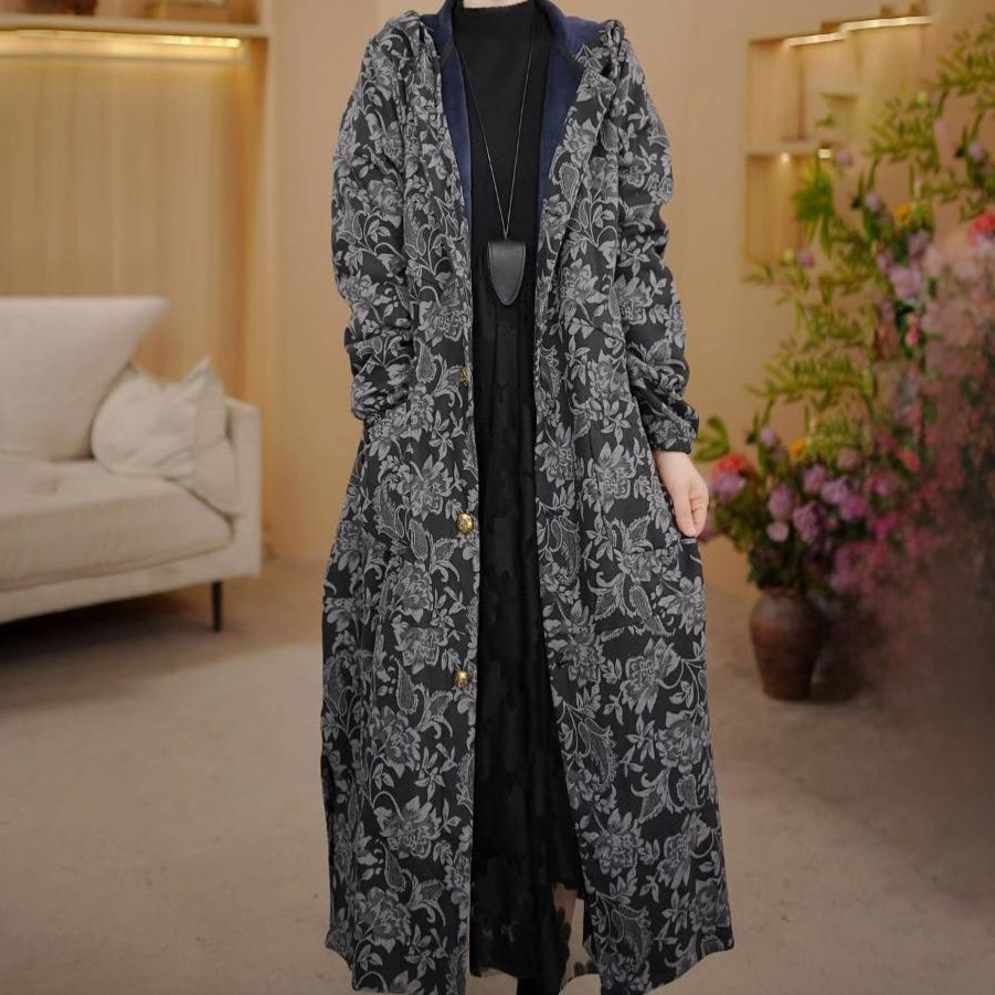 花柄ファッション 華麗な花柄刺繍の和モダンロング丈ジャケット