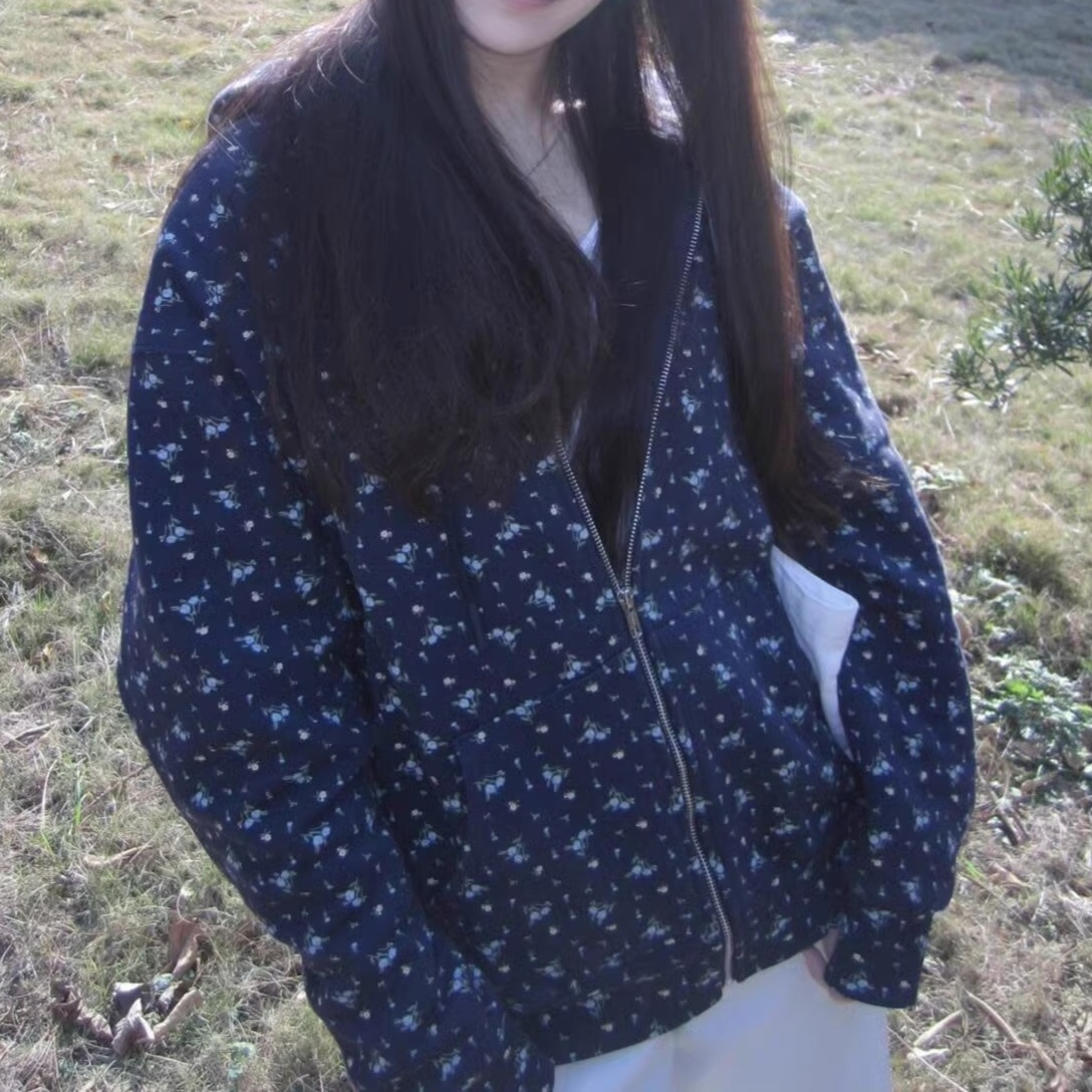 花柄ファッション 小花柄プリント配色ジップアップジャケット