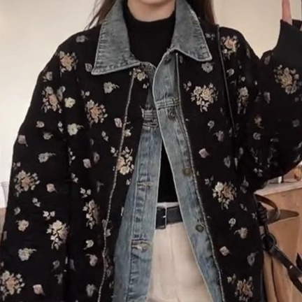 花柄ファッション 小花柄刺繍入り中綿キルティングジャケット