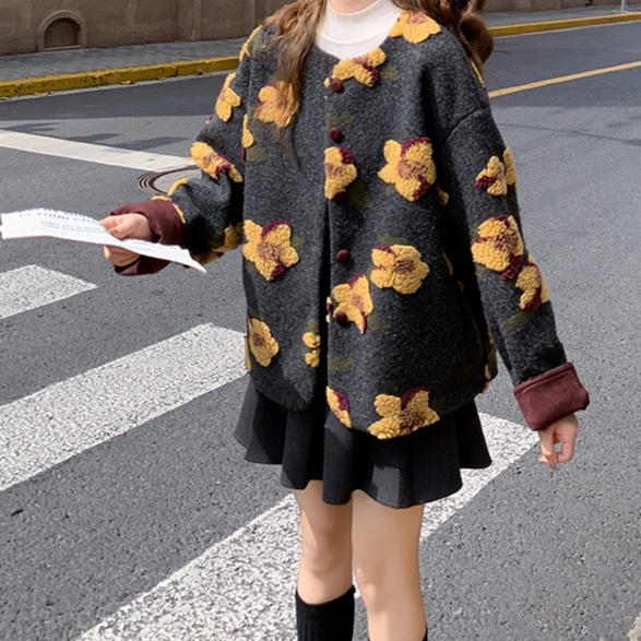 花柄ファッション 立体フラワー刺繍ゆるシルエットニットジャケット