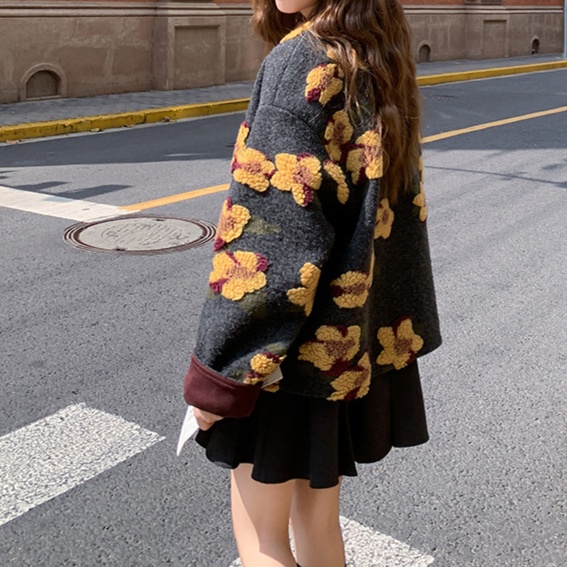花柄ファッション 立体フラワー刺繍ゆるシルエットニットジャケット