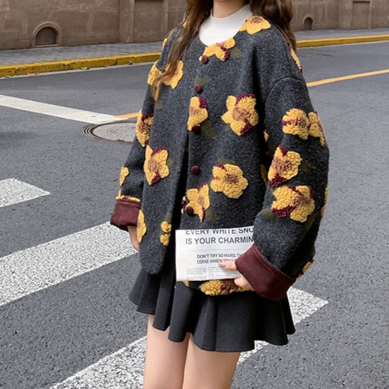 花柄ファッション 立体フラワー刺繍ゆるシルエットニットジャケット