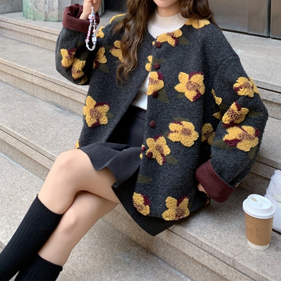 花柄ファッション 立体フラワー刺繍ゆるシルエットニットジャケット