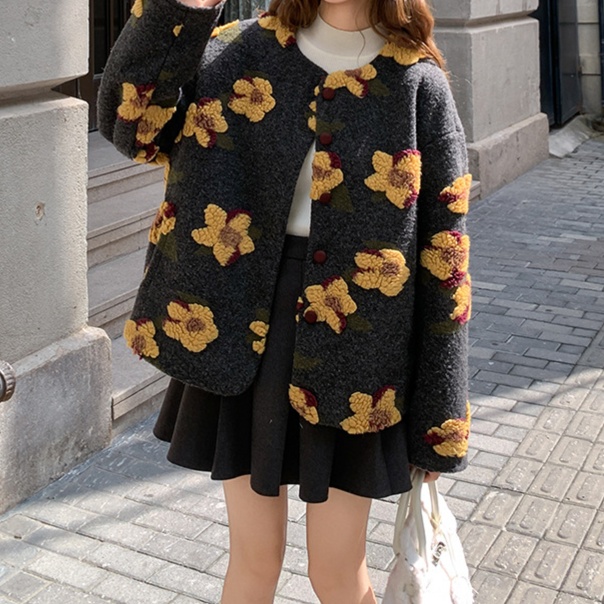花柄ファッション 立体フラワー刺繍ゆるシルエットニットジャケット
