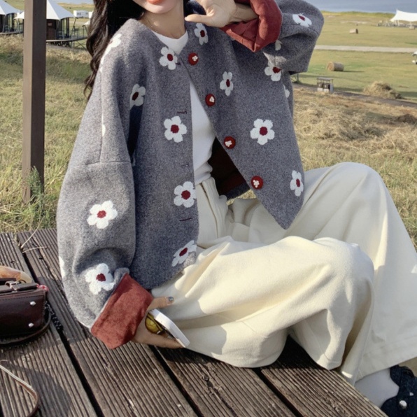 花柄ファッション 立体フラワー刺繍ボアジャケット