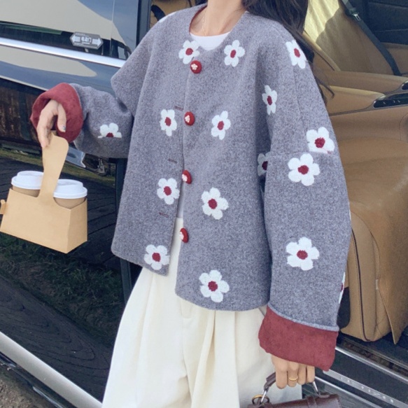 花柄ファッション 立体フラワー刺繍ボアジャケット