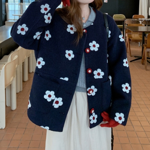 花柄ファッション 立体刺繍フラワー柄ゆったりボアジャケット