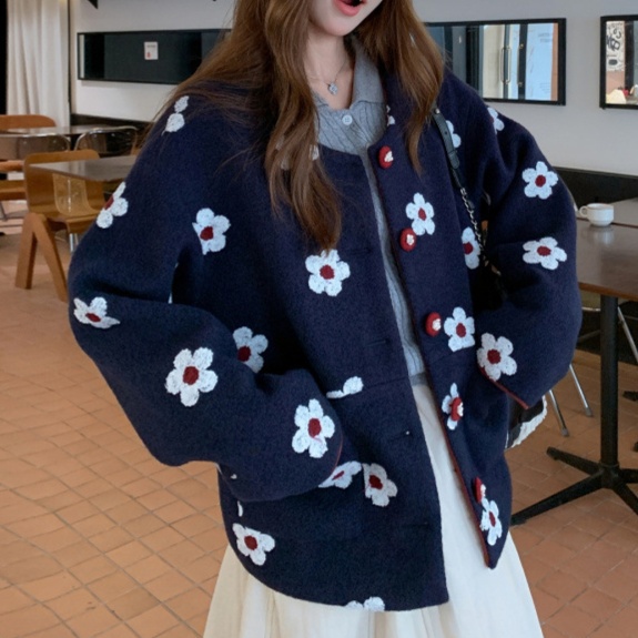 花柄ファッション 立体刺繍フラワー柄ゆったりボアジャケット