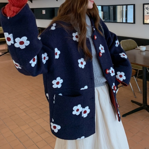 花柄ファッション 立体刺繍フラワー柄ゆったりボアジャケット