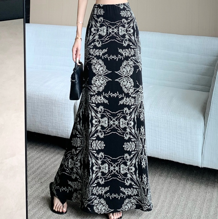 花柄ファッション 東洋柄プリント美脚見え花柄ロングスカート