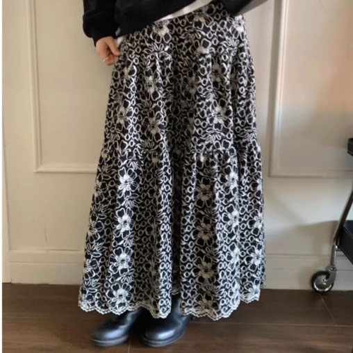 花柄ファッション レース編み花柄ティアードロングスカート