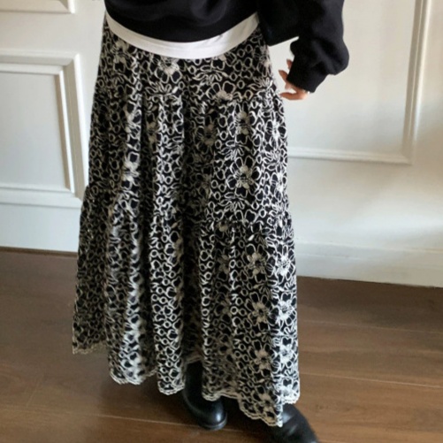 花柄ファッション レース編み花柄ティアードロングスカート