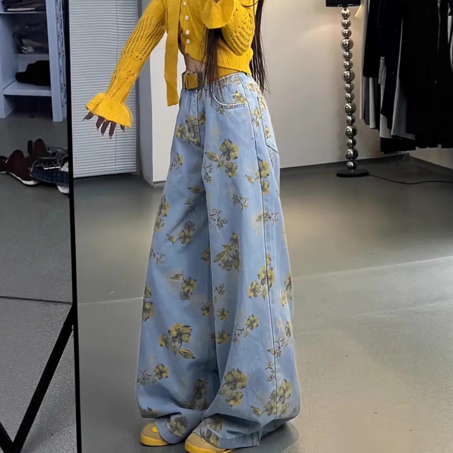 花柄ファッション 花柄プリント超ワイドデニムパンツ