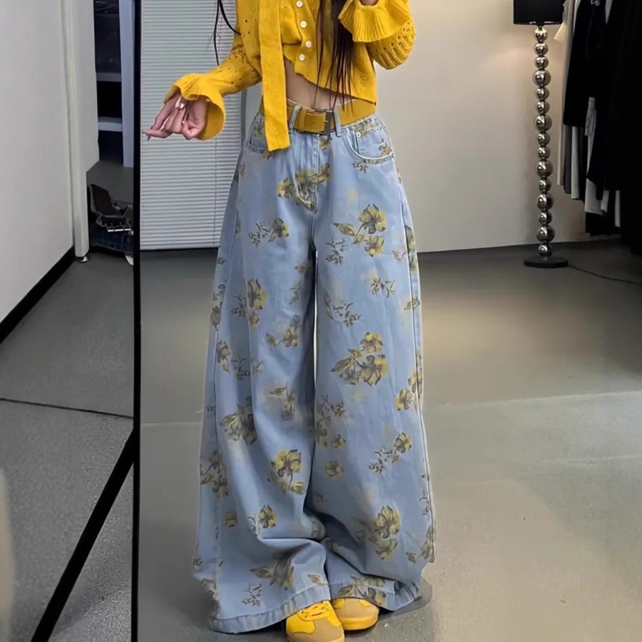 花柄ファッション 花柄プリント超ワイドデニムパンツ