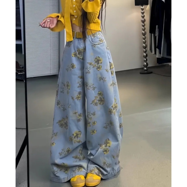 花柄ファッション 花柄プリント超ワイドデニムパンツ