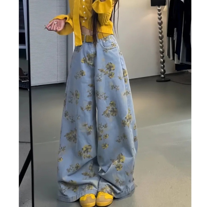 花柄ファッション 花柄プリント超ワイドデニムパンツ