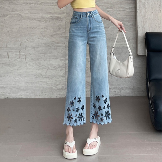 花柄ファッション フラワー刺繍スカラップ裾デニムパンツ