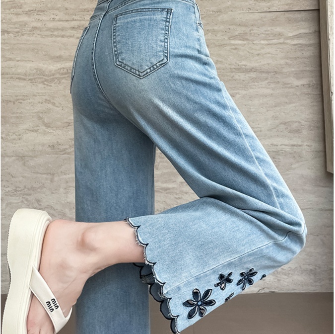 花柄ファッション フラワー刺繍スカラップ裾デニムパンツ