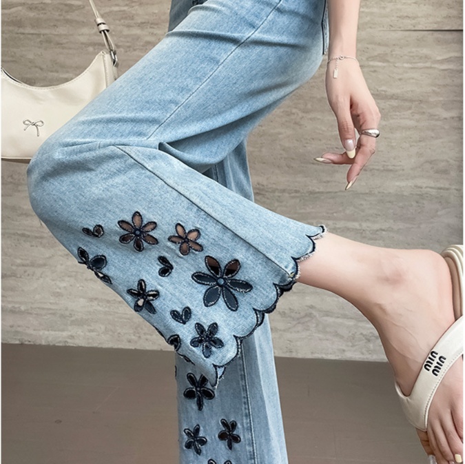 花柄ファッション フラワー刺繍スカラップ裾デニムパンツ
