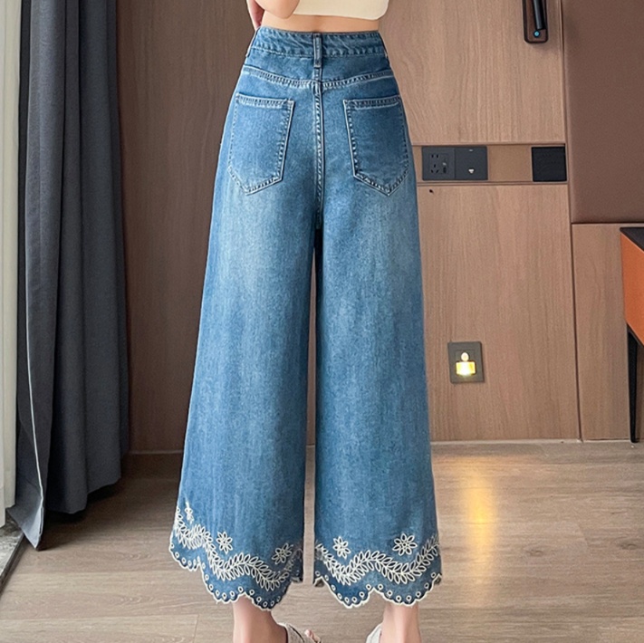 花柄ファッション 裾刺繍スカラップデニムワイドパンツ