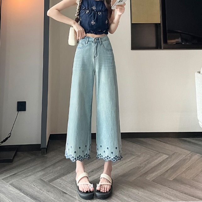 花柄ファッション 裾スカラップ刺繍デニムワイドパンツ