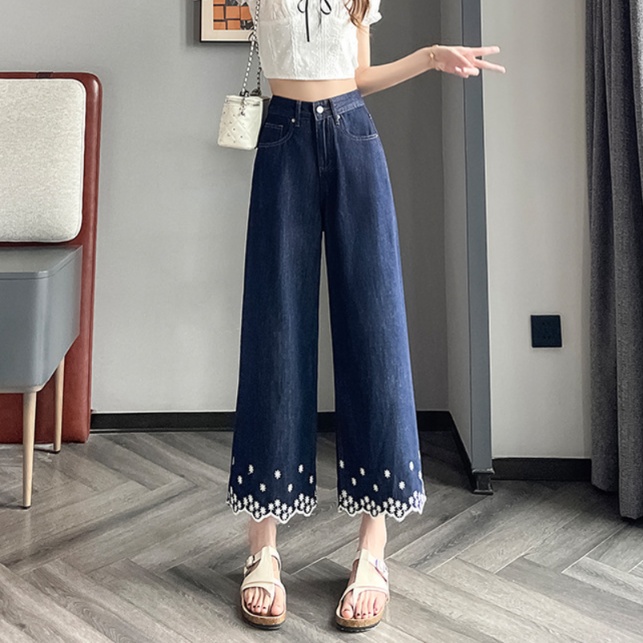 花柄ファッション 裾スカラップ刺繍デニムワイドパンツ