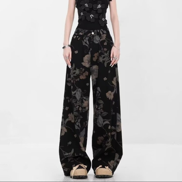 花柄ファッション 華やか花柄デニム ワイドパンツ