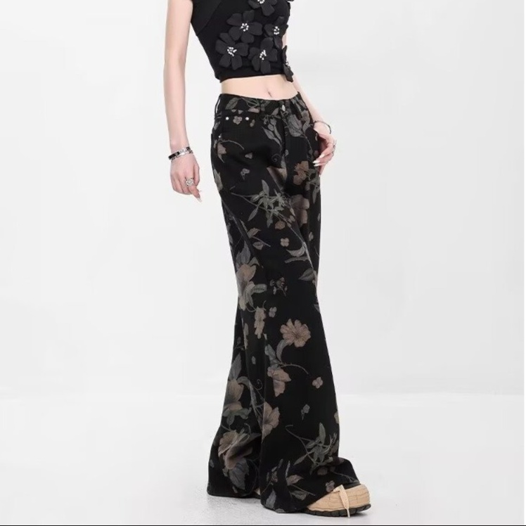 花柄ファッション 華やか花柄デニム ワイドパンツ