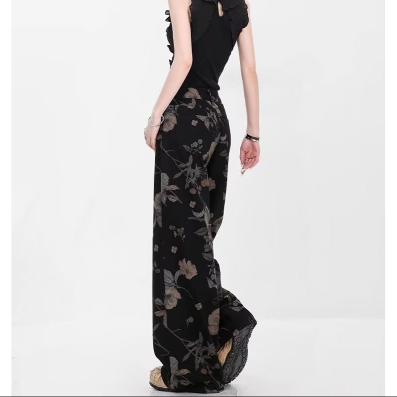 花柄ファッション 華やか花柄デニム ワイドパンツ