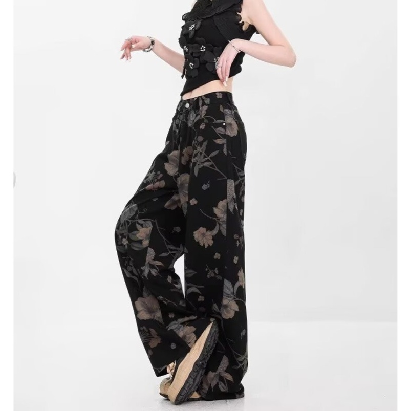 花柄ファッション 華やか花柄デニム ワイドパンツ