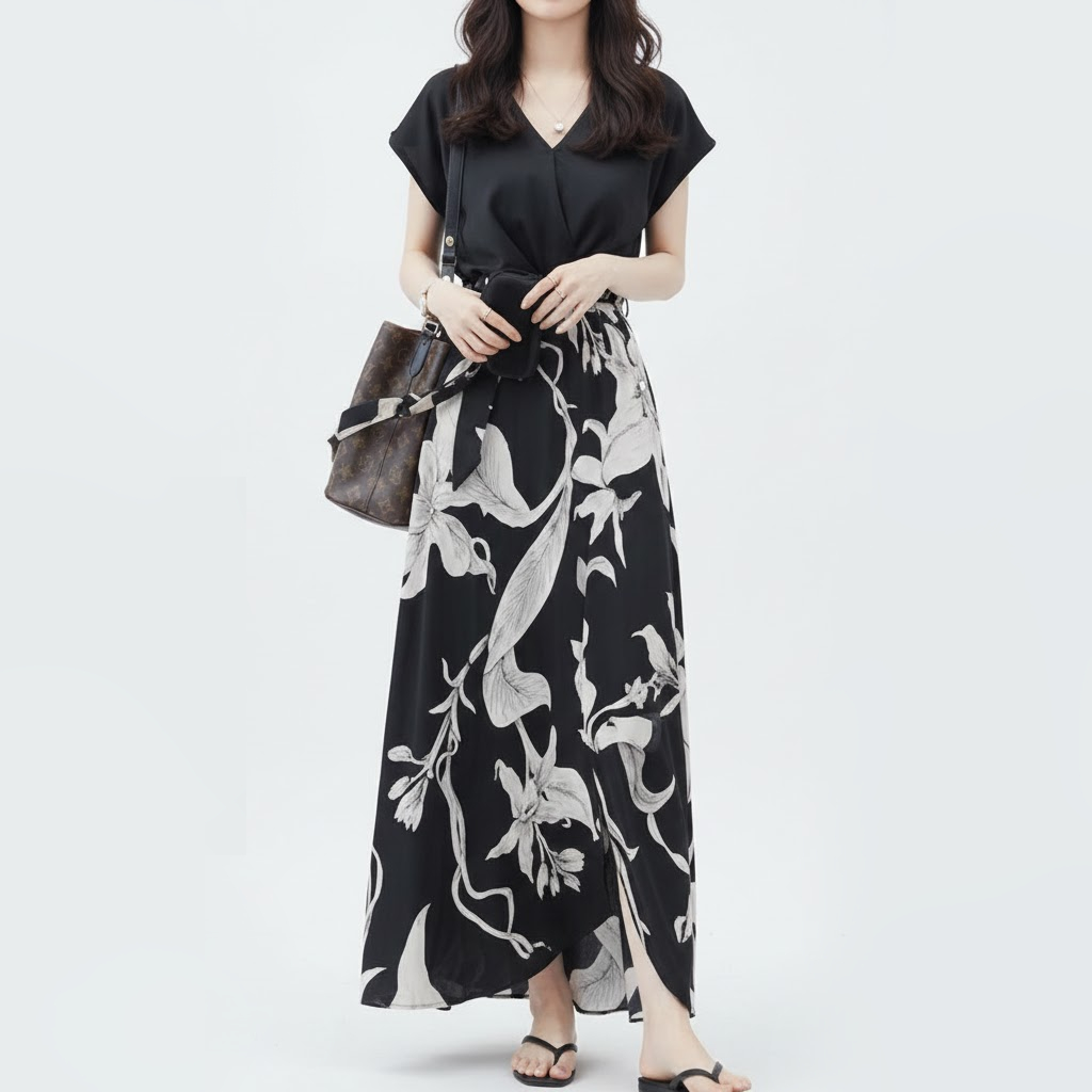 花柄×無地ドッキングワンピース