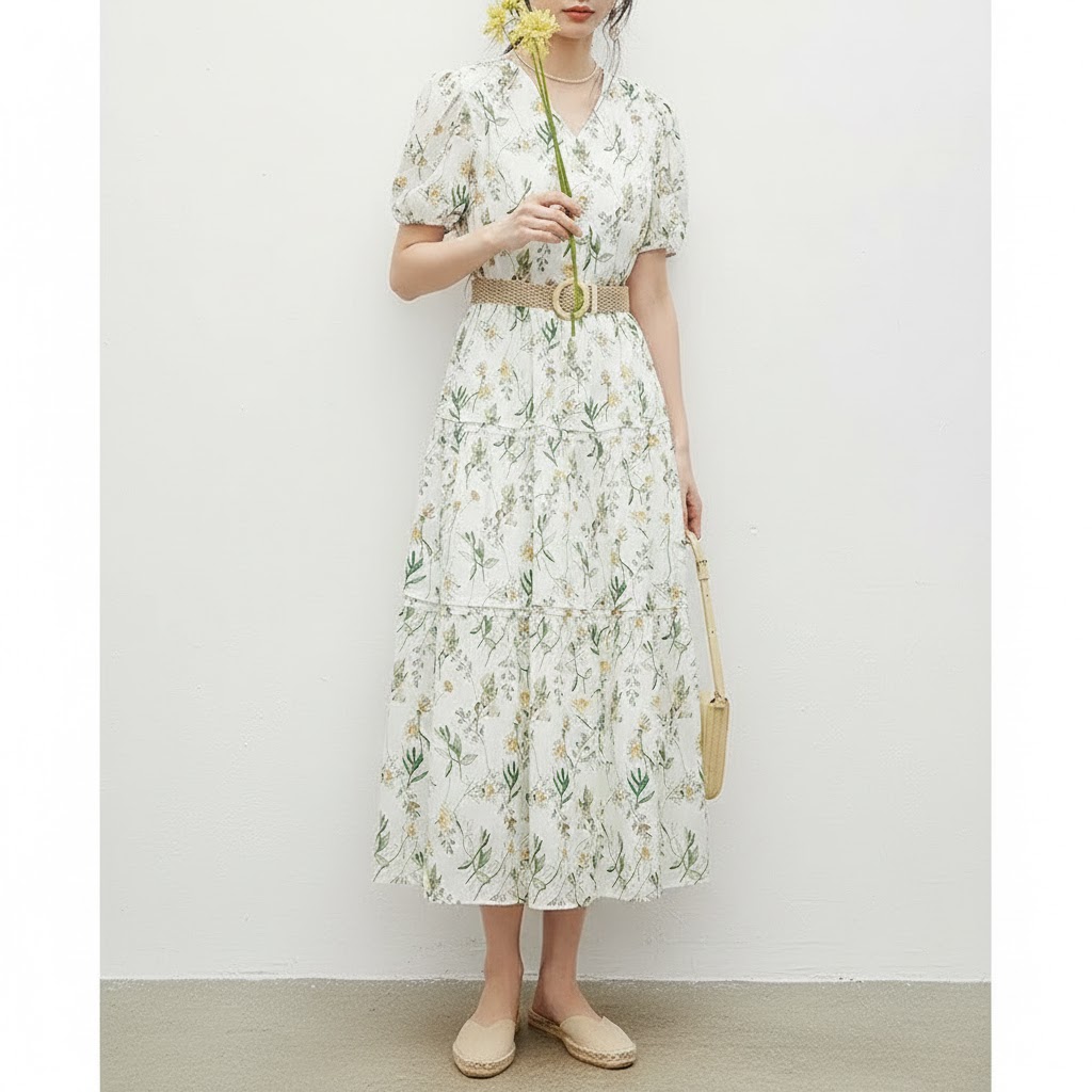 花柄ファッション 優美な花園ティアードロングワンピース