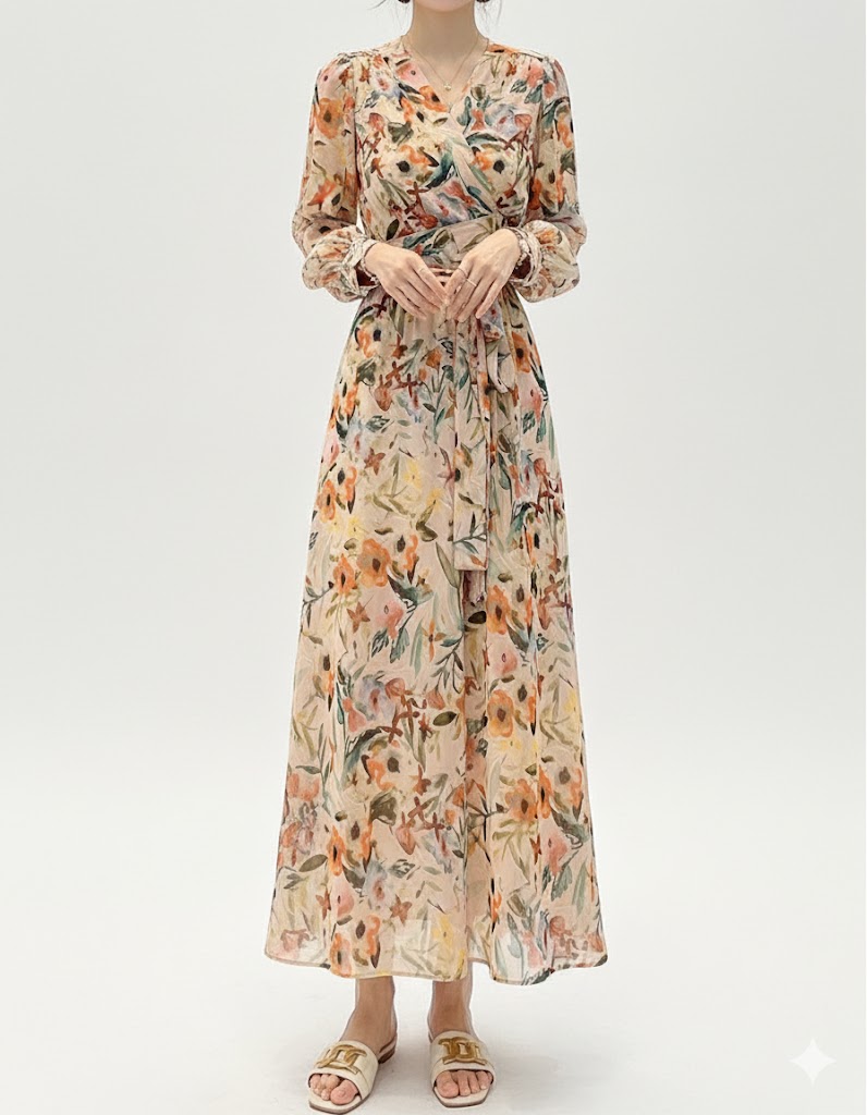 花柄ファッション 優美な花柄シフォンマキシワンピース