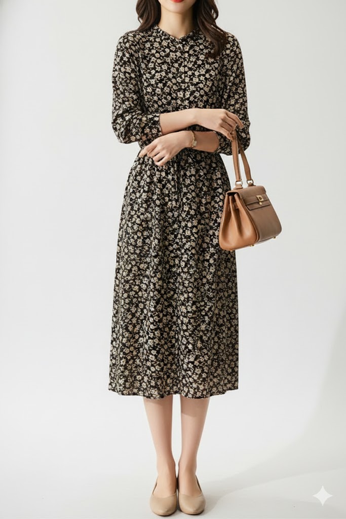 花柄ファッション 小花柄 マンダリンカラー ミディ丈ワンピース