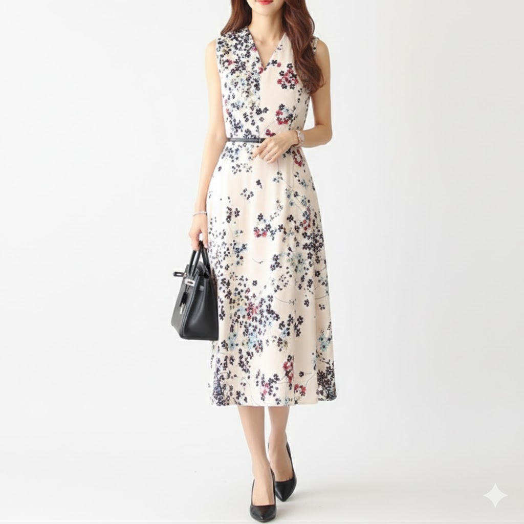 花柄ファッション 優美な花柄シフォンワンピース