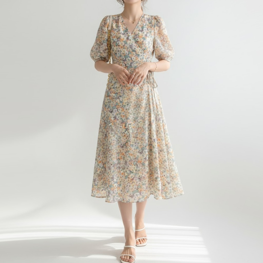 花柄ファッション 優美な花柄シフォンラップワンピース