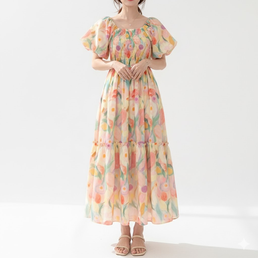 花柄ファッション 水彩風花柄ティアードマキシワンピース