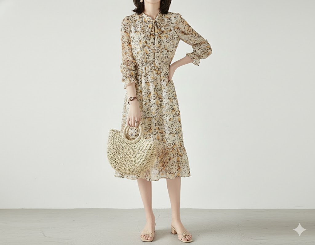 花柄ファッション 優美な花柄タイネックシフォンワンピース