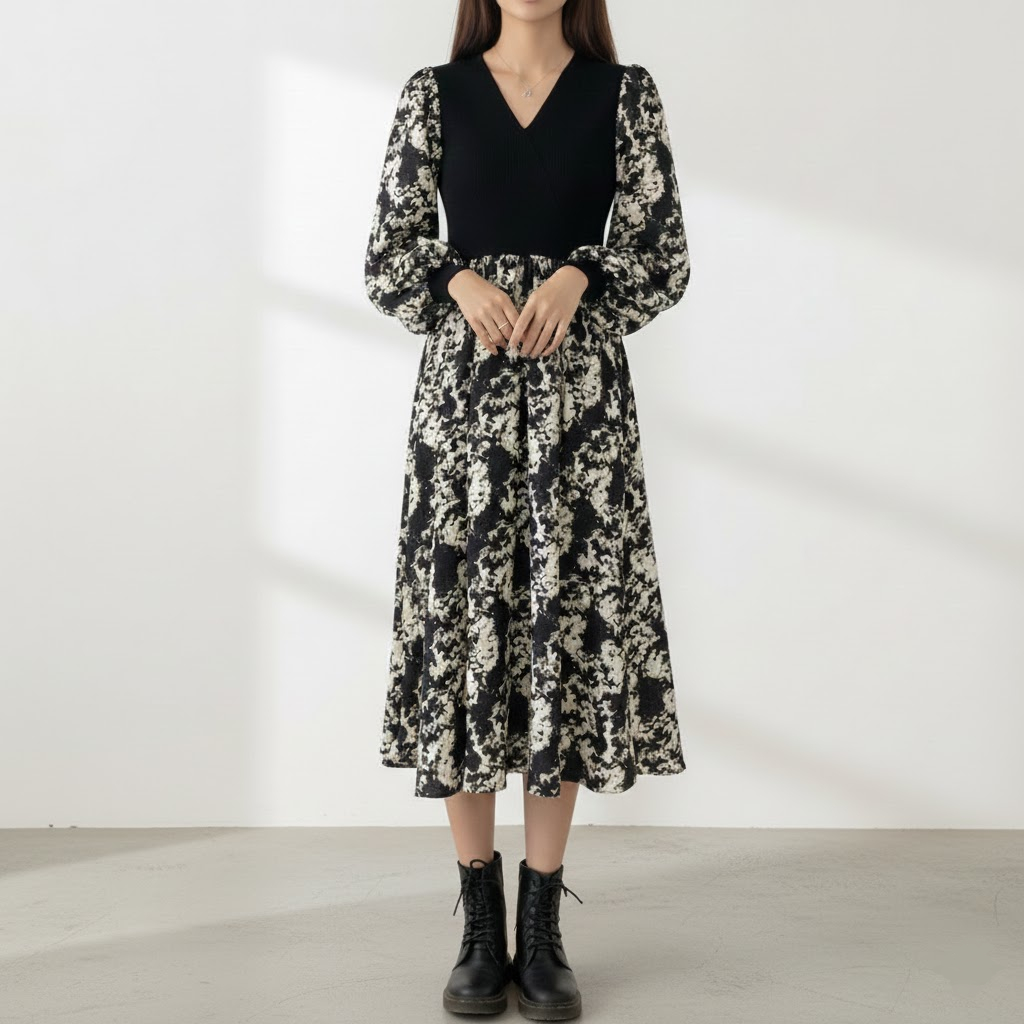 花柄ワンピース 黒ベロアベスト切替花柄シフォンワンピース | 花柄