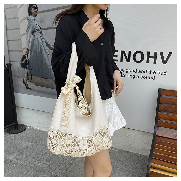 花柄ファッション レース編み飾り付き大容量肩掛け布製鞄