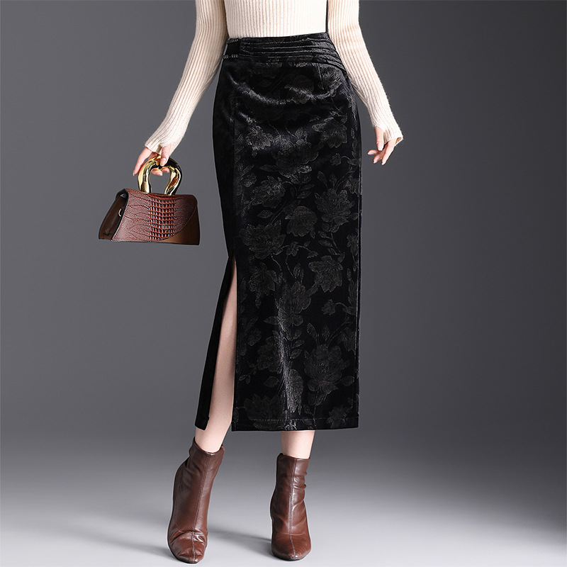 花柄ファッション ベルベット調花柄刺繍タイトロングスカート