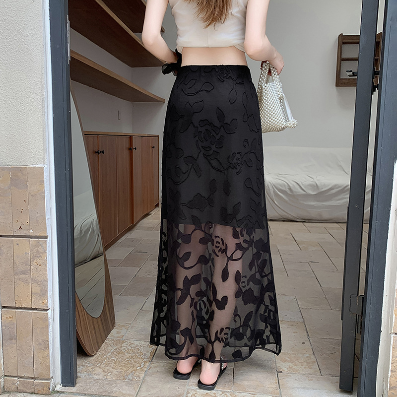 花柄ファッション 透け感シアー花柄ロングタイトスカート