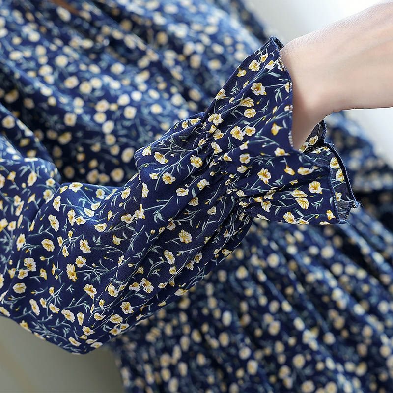 花柄ファッション 小花柄エレガント長袖シフォンワンピース