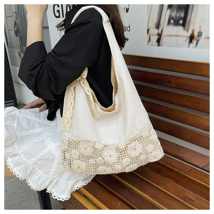 花柄ファッション レース編み飾り付き大容量肩掛け布製鞄