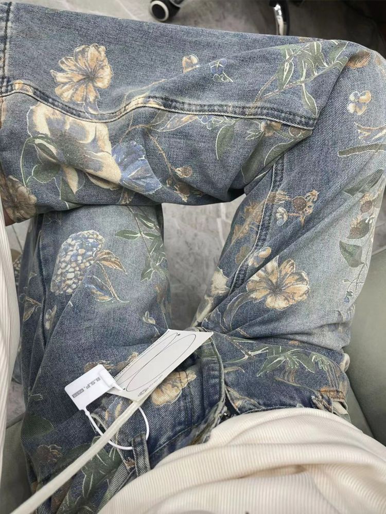 花柄ファッション ヴィンテージ風花柄プリントワイドデニムパンツ