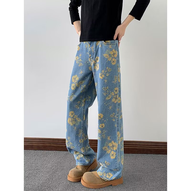 花柄ファッション 華やか花柄デニム ワイドパンツ