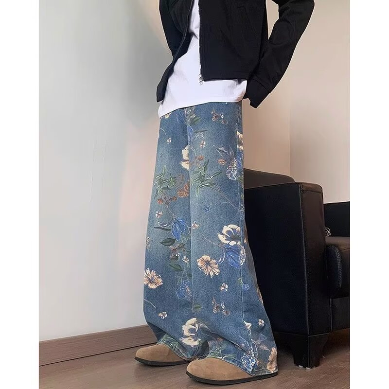 花柄ファッション ボタニカル花柄ワイドデニムパンツ
