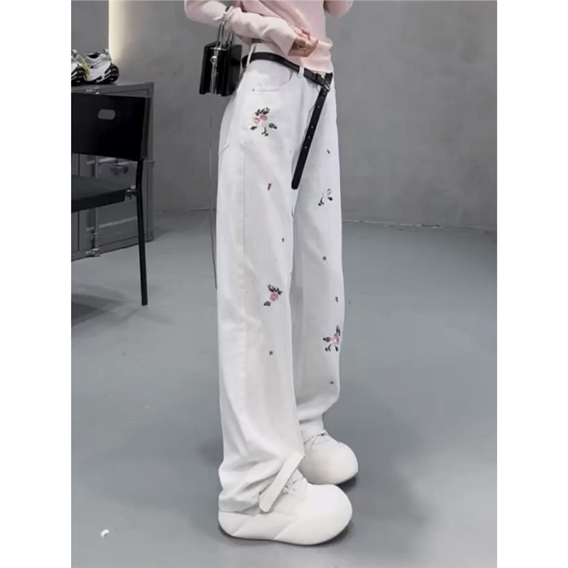 花柄ファッション 小花刺繍サイドラインワイドデニムパンツ